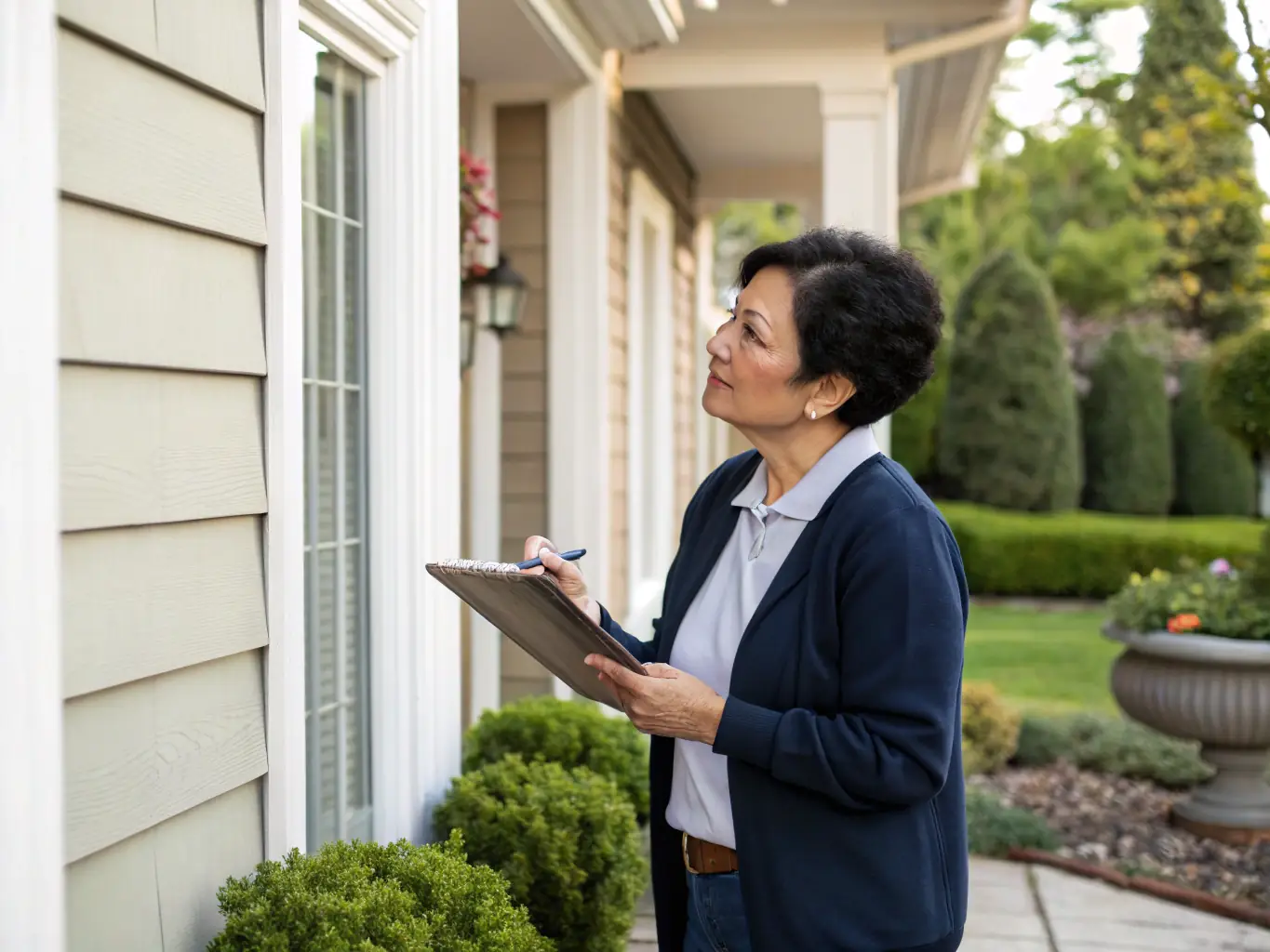 An image showing a professional property manager inspecting a residential building with tenants in the background, symbolizing comprehensive property management services.