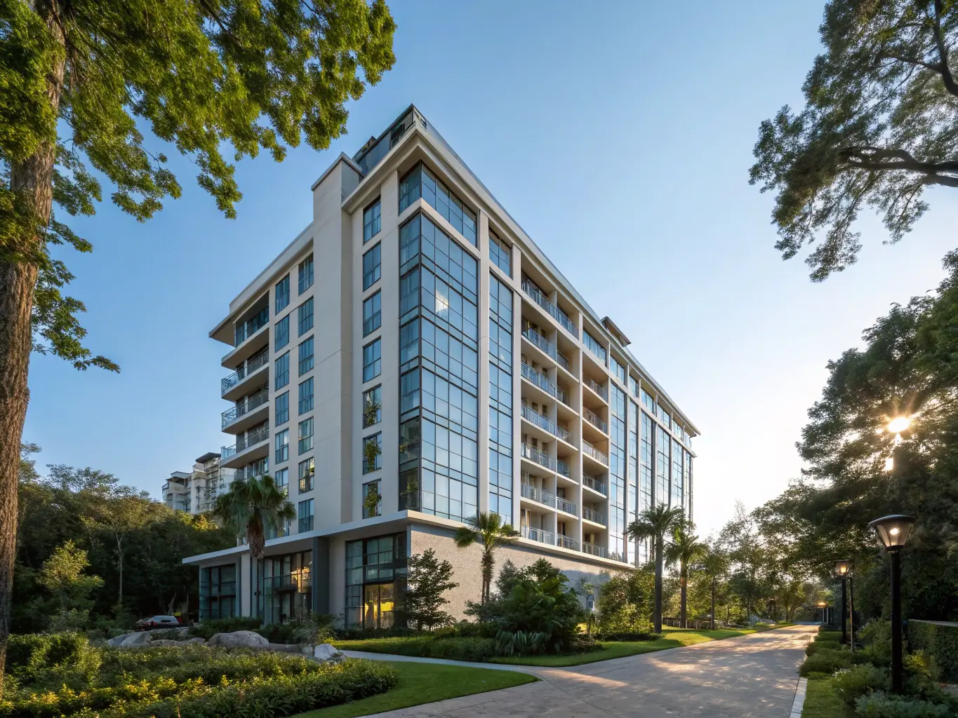 A modern apartment building in Cape Town with a view of Table Mountain, showcasing a well-maintained exterior and lush landscaping, representing a premium residential property managed by possessionly.uno.