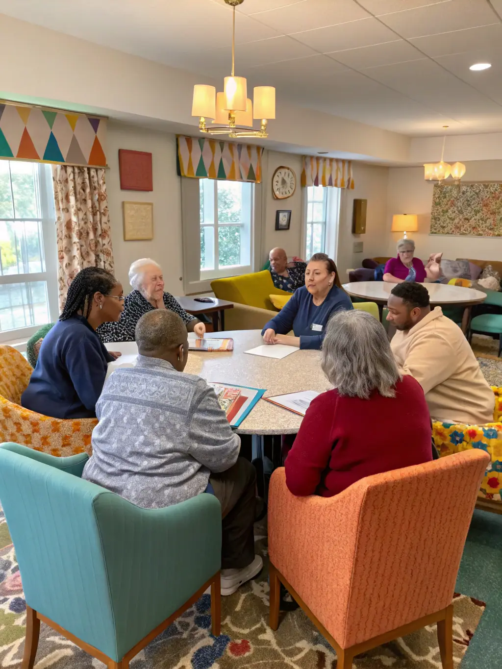 A diverse group of tenants interacting positively in a communal space, illustrating the harmonious tenant relations fostered by Possessionly.uno.